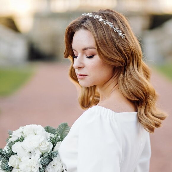 Crystal Leaf Pearl Hair Vine Tiara Headpiece with Flower Headband for Wedding Br - Picture 5 of 7